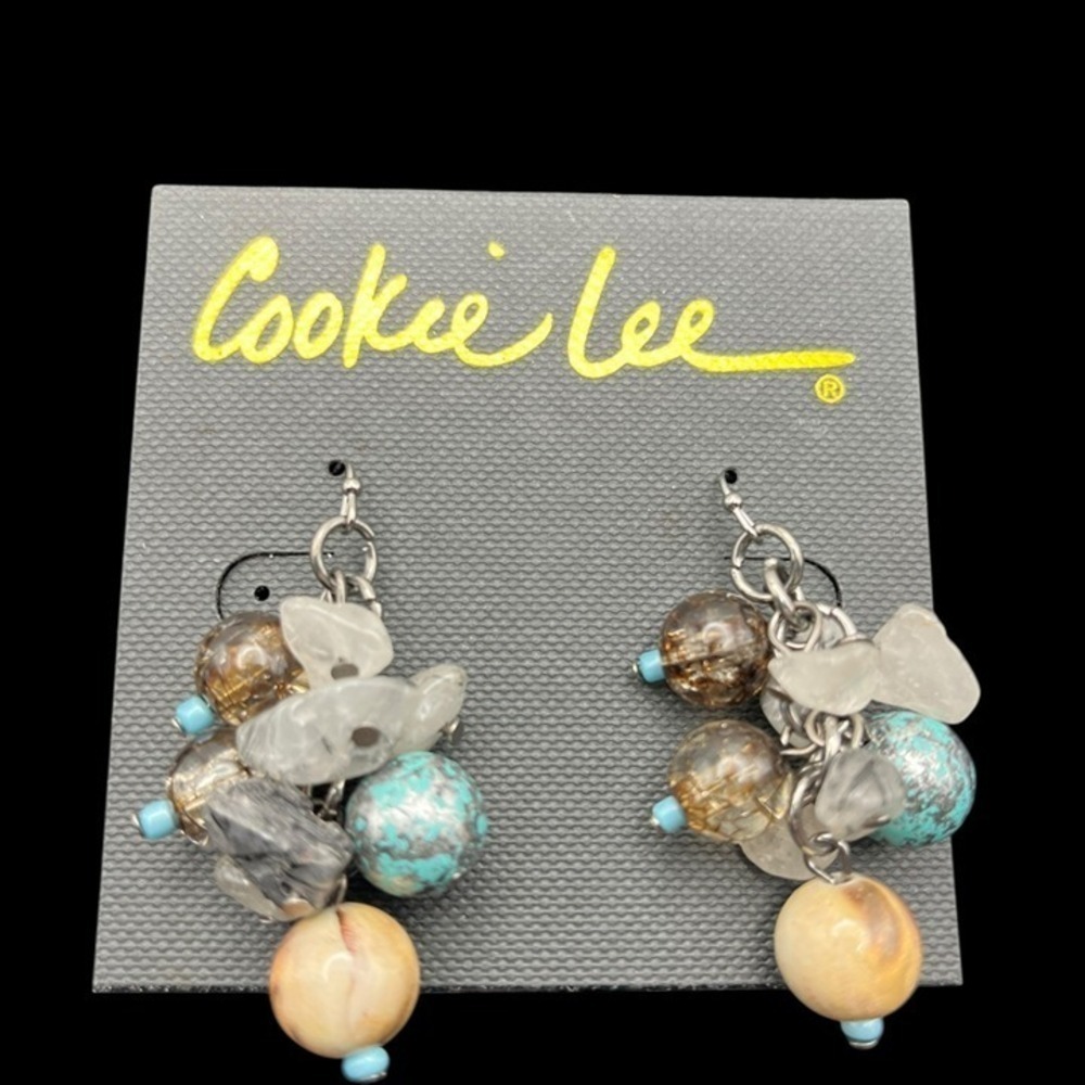 Boho Cluster Drop Earrings Turquoise Amber Silver Tone Glass Bead Coastal Beach
